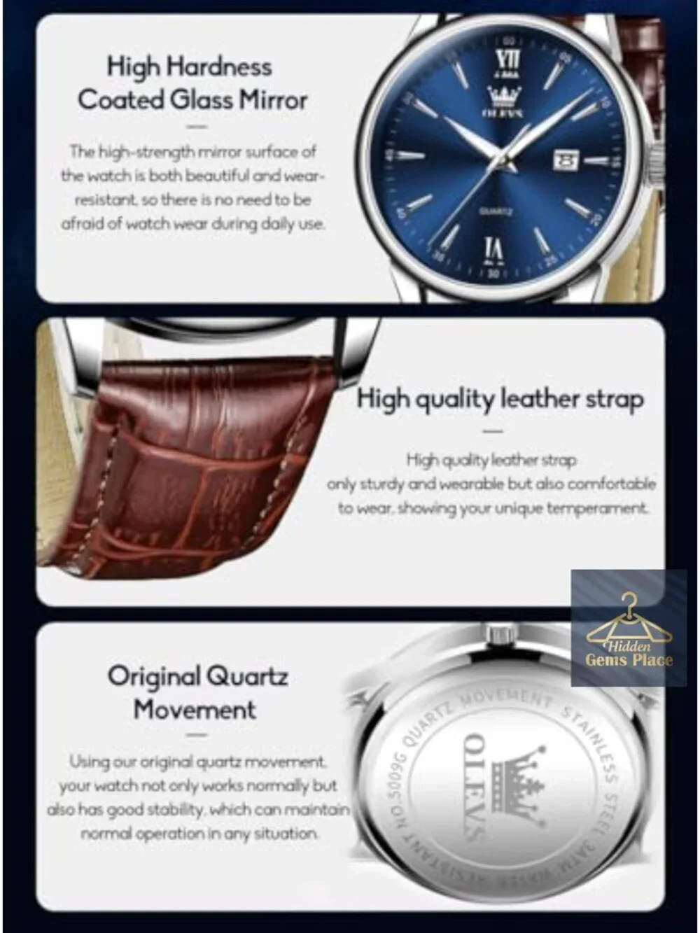 Men's Leather Strap Watch Quartz Analog 41mm Water Resistant Dress Timepiece